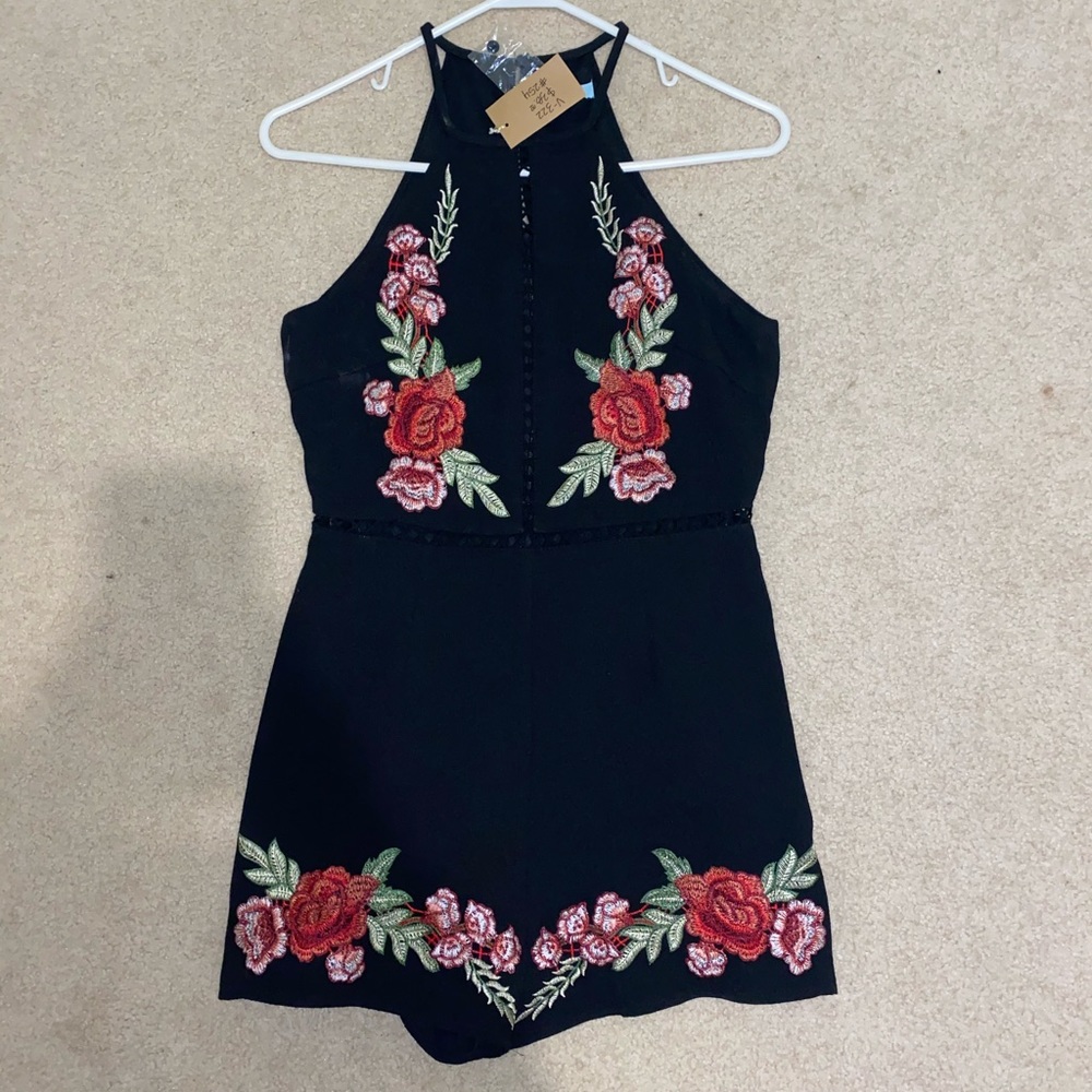 She + Sky Black Romper With Rose Detailing